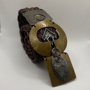 Vintage Signed Marjerie Baer Brown Wide Woven Belt Hammered Brass/Pewter Buckle